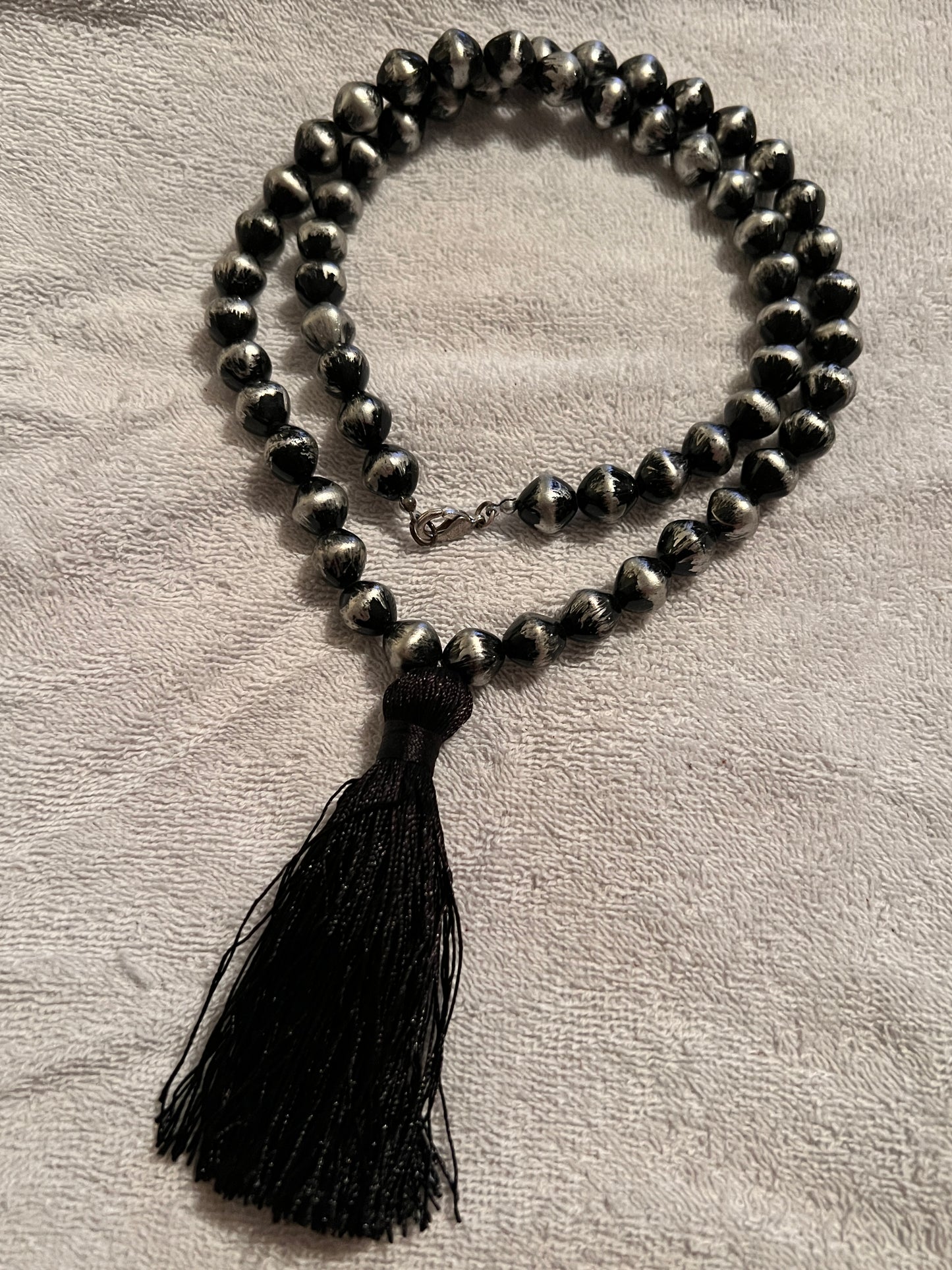 Two-tone Black and Silver Beaded Necklace with Black Tassel