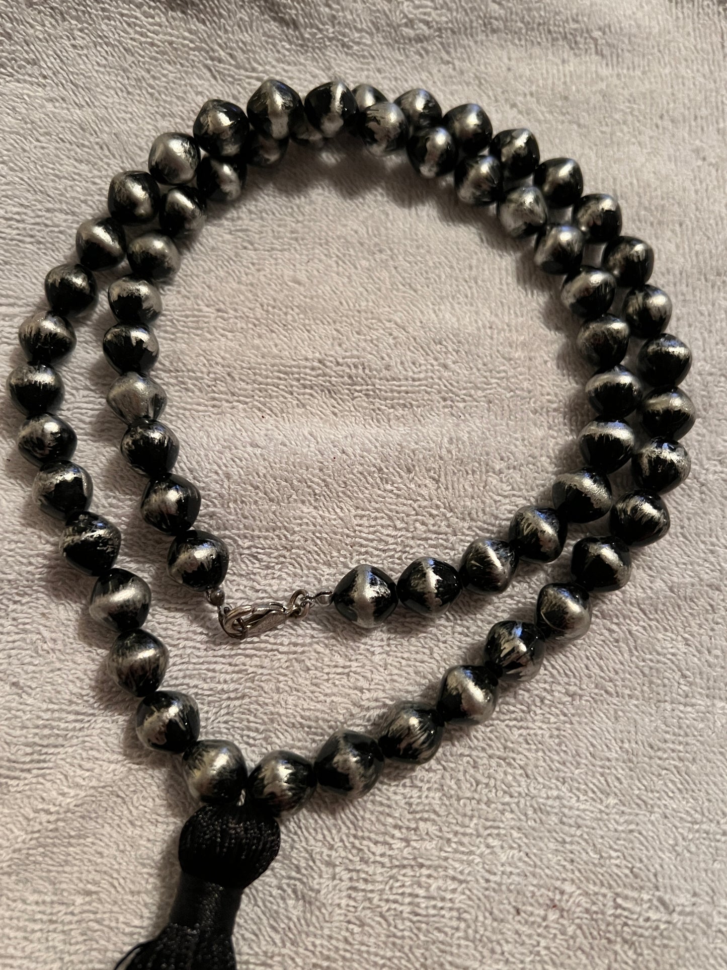 Two-tone Black and Silver Beaded Necklace with Black Tassel