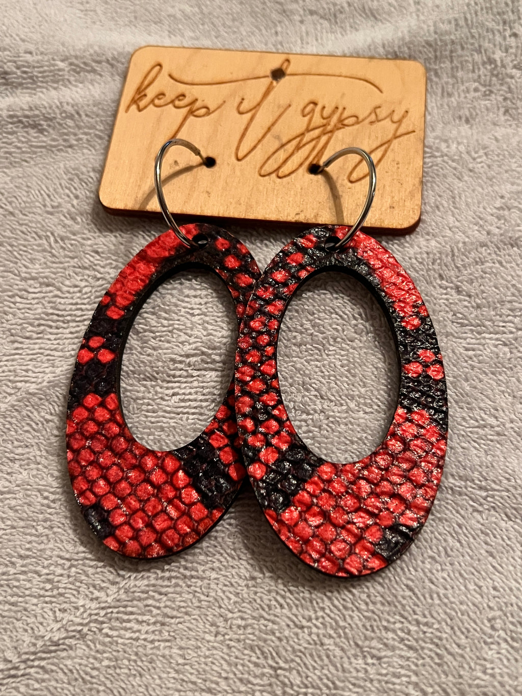 Red and Black Snake Embossed Leather Earrings