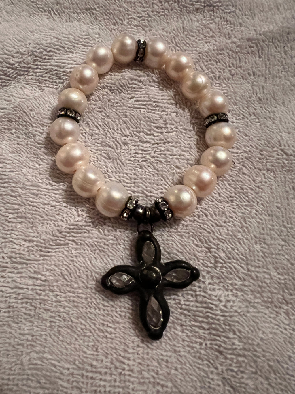Faux Pearl Bracelet with Crystal Cross by Holifield Designs