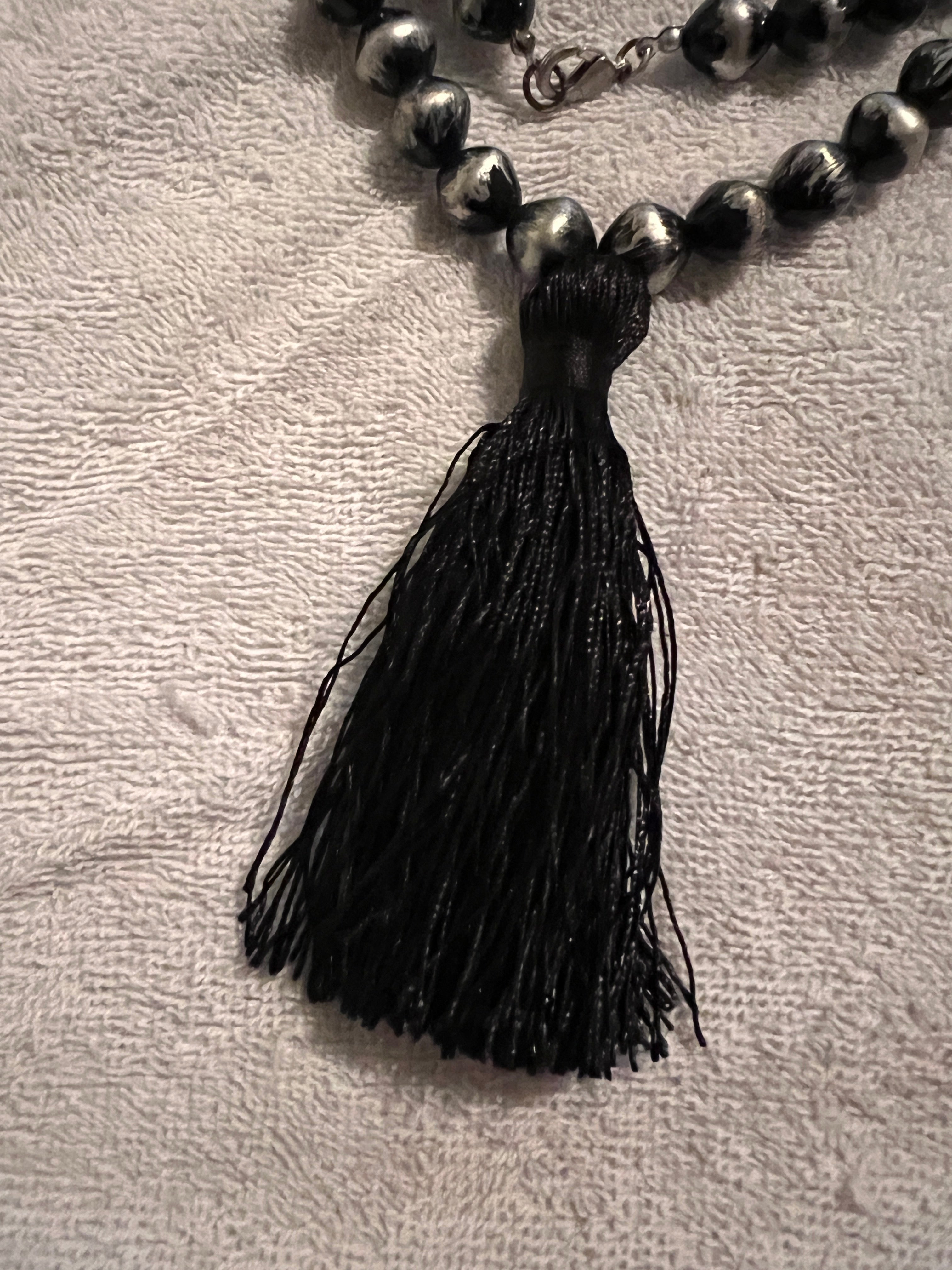 Two-tone Black and Silver Beaded Necklace with Black Tassel